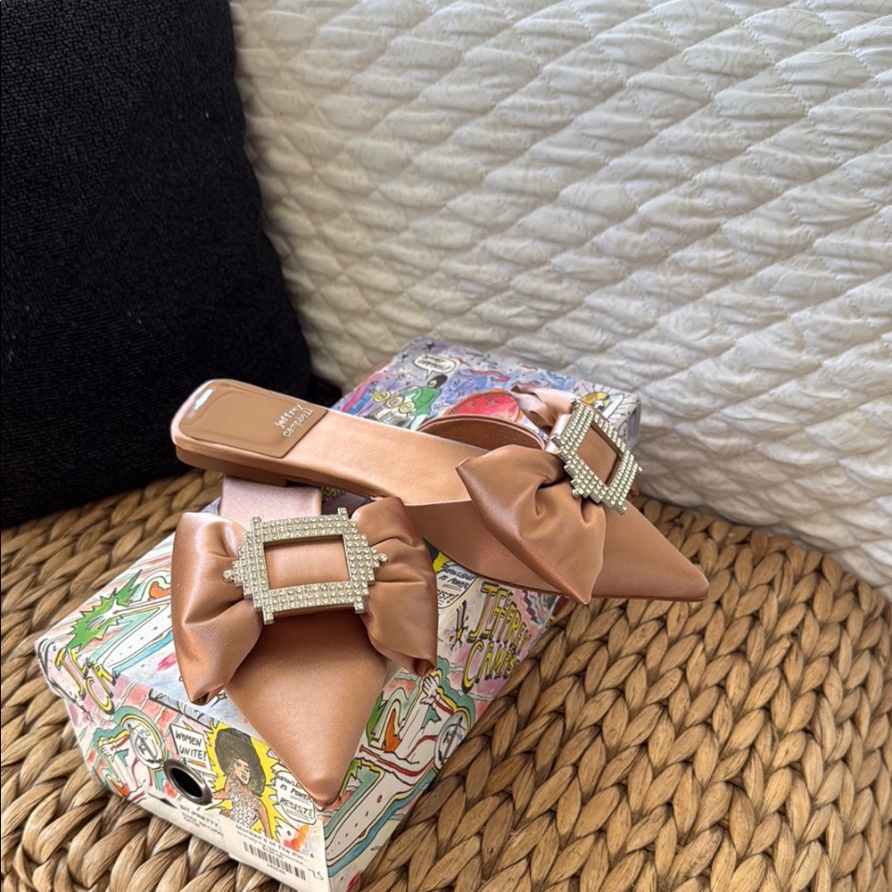 Jeffrey Campbell Satin Bow Mules in Tan